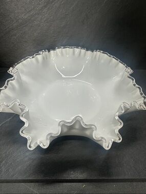 Vintage Fenton Silvercrest Ruffled Bowl Crimped Rim  White Milk Glass Candy Dish